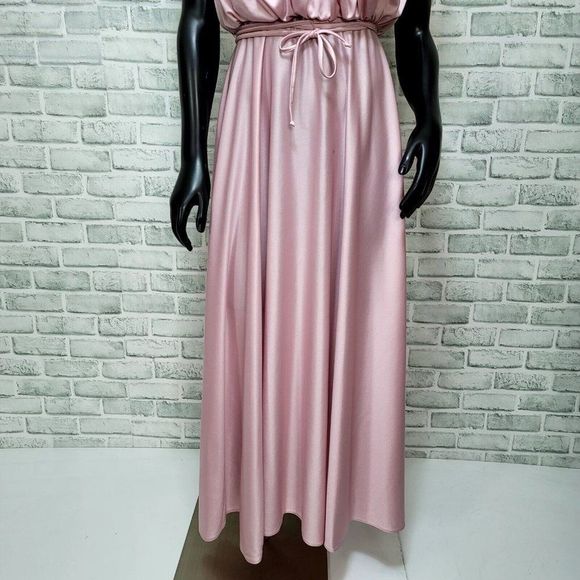Vintage 70s Union Made Pink‎ Draped Back Cinched Shoulder Disco Dress Tie Belt - Picture 4 of 12